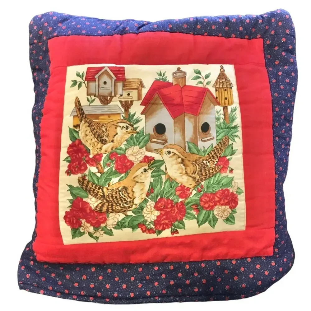 VTG HANDMADE Pillow Quilt Combo Birds Florals Apples Farmhouse Cottagecore